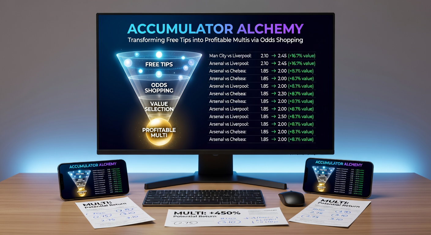 Close-up of a bet slip builder interface displaying odds shopping results for a multi-bet accumulator, with highlighted best prices from various bookmakers