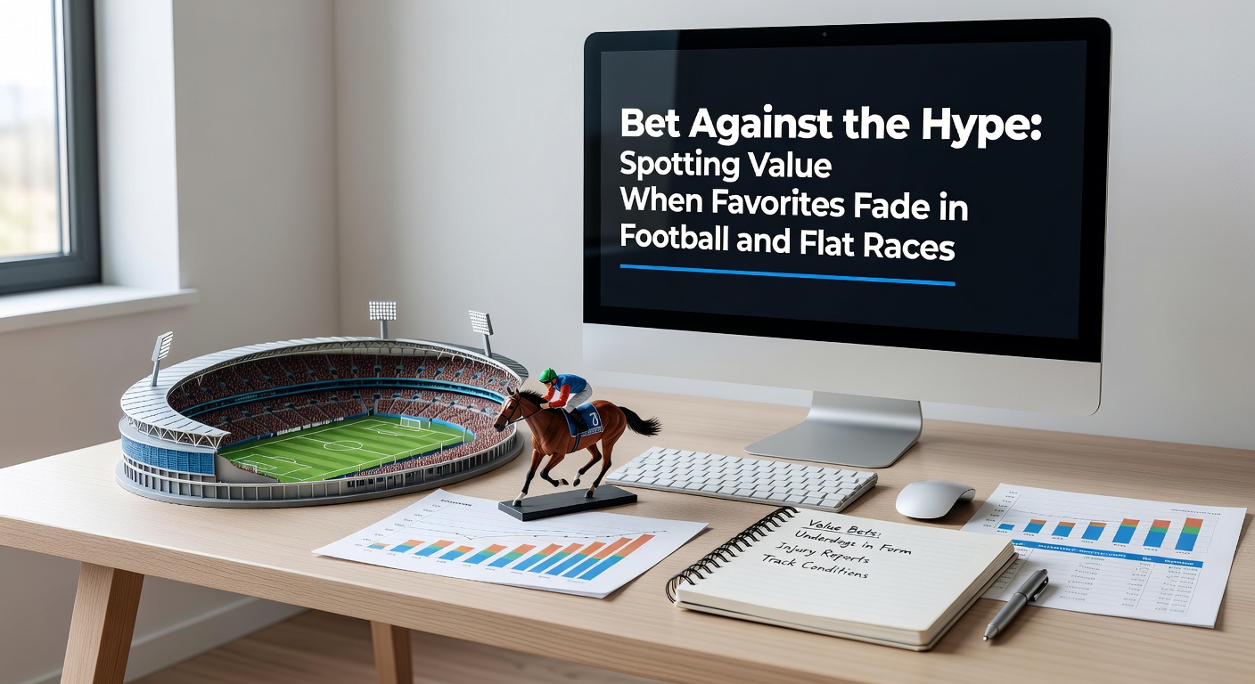 Close-up of a flat racehorse fading in the stretch while an underdog surges ahead, mirrored by a football underdog celebrating a shock goal