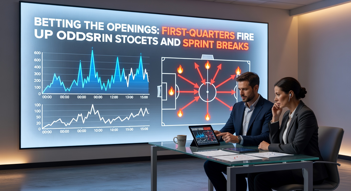 Soccer players sprinting from kickoff with overlaid odds charts showing early movements in a packed stadium under floodlights