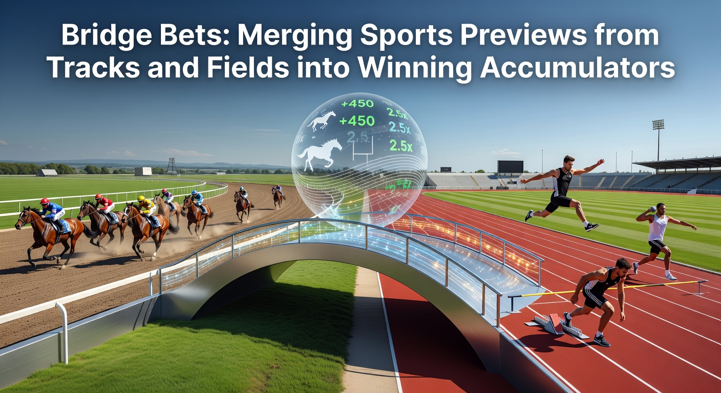 Dynamic scene blending a bustling horse racing track with a vibrant football pitch, symbolizing the fusion of previews into high-stakes accumulator bets