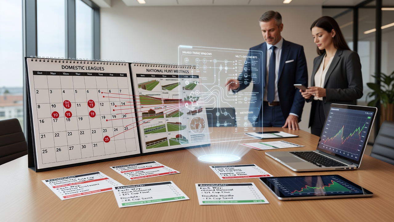Visual representation of overlapping football league fixtures and national hunt race meetings across a calendar grid highlighting shared timing windows
