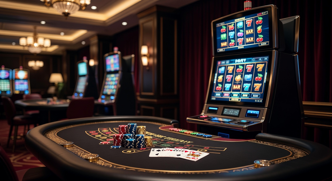 Vibrant casino floor with roulette wheels spinning and players at blackjack tables under bright lights