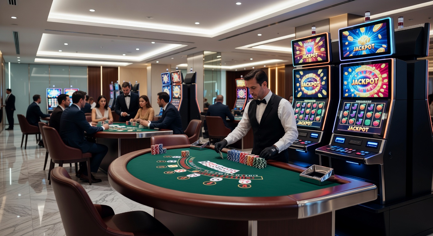 Close-up of a blackjack hand with chips stacked high and dealer revealing cards on a green felt table