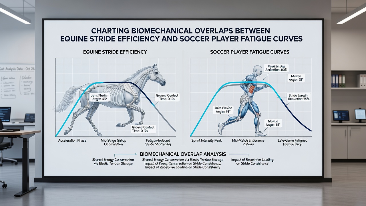 Side-by-side graphical overlays of equine stride efficiency graphs and soccer player fatigue curves demonstrating synchronized decline patterns during prolonged activity