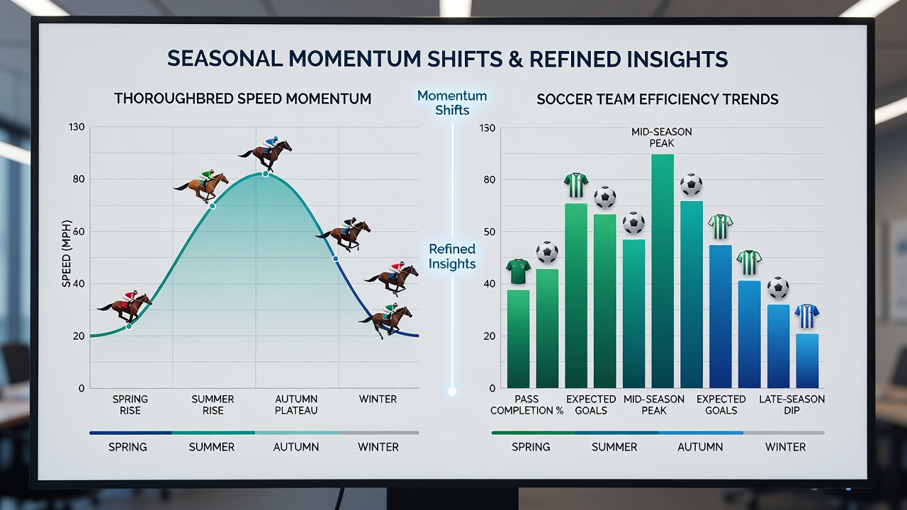 Split-panel graphic comparing monthly average thoroughbred sectional times with soccer team efficiency ratings over a two-year period