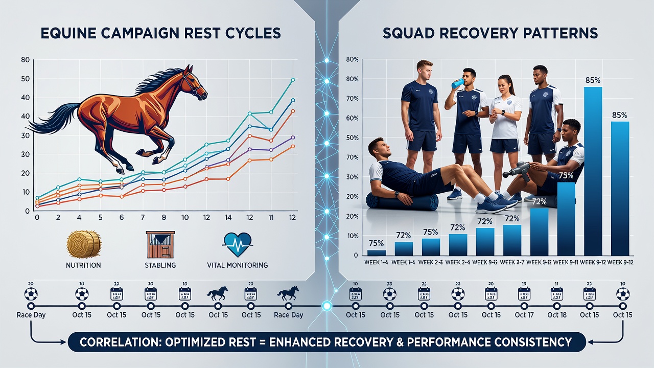 Infographic illustrating overlap between equine rest intervals and football squad rotation patterns for multi-leg selections