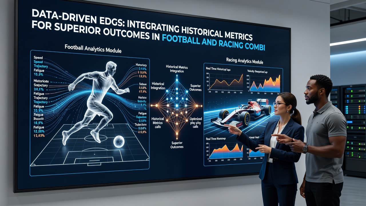 Analysts reviewing combined football and racing performance charts on multiple screens