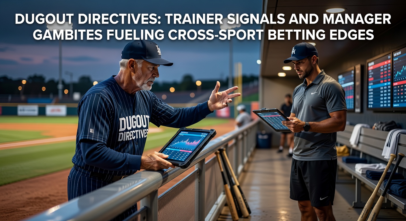 A horse racing trainer gesturing subtly from the stands while a football manager signals from the dugout, highlighting cross-sport betting signals