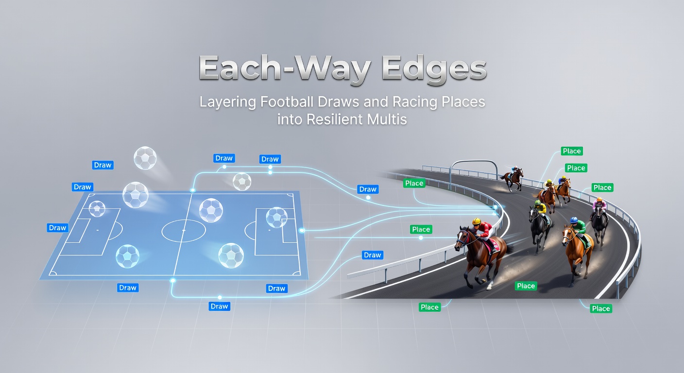 Close-up of a bookmaker's slip showing each-way selections on a football draw and horse place, overlaid with payout calculations for a multi bet.