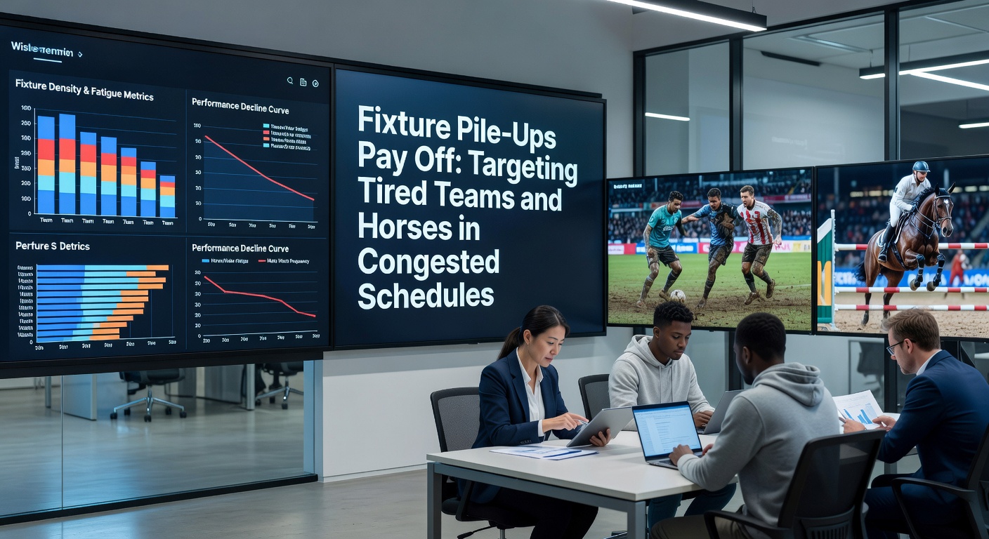 A packed calendar showing overlapping football fixtures and horse racing meets, with icons of exhausted players and horses highlighting schedule congestion