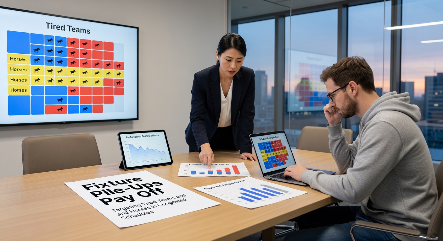 Split image of a weary football squad trudging off the pitch after a midweek thriller and a lathered horse crossing the line in a packed racing card, emphasizing exhaustion from back-to-back efforts