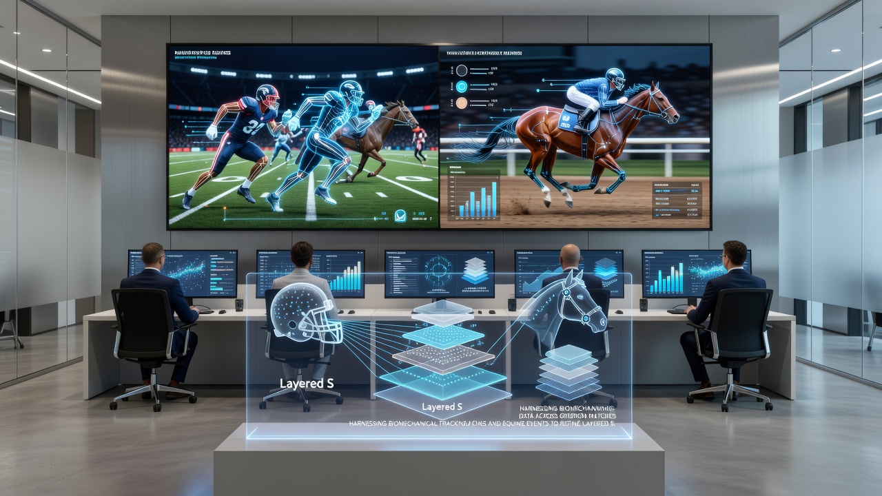 Data visualization dashboards showing biomechanical metrics from football players and racehorses