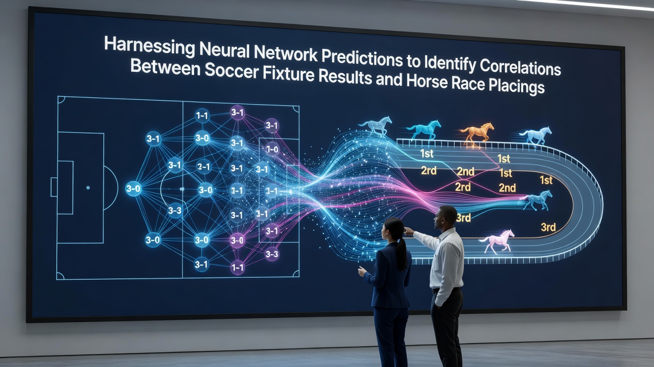 Neural network visualization showing data flows from soccer match statistics to horse racing performance metrics