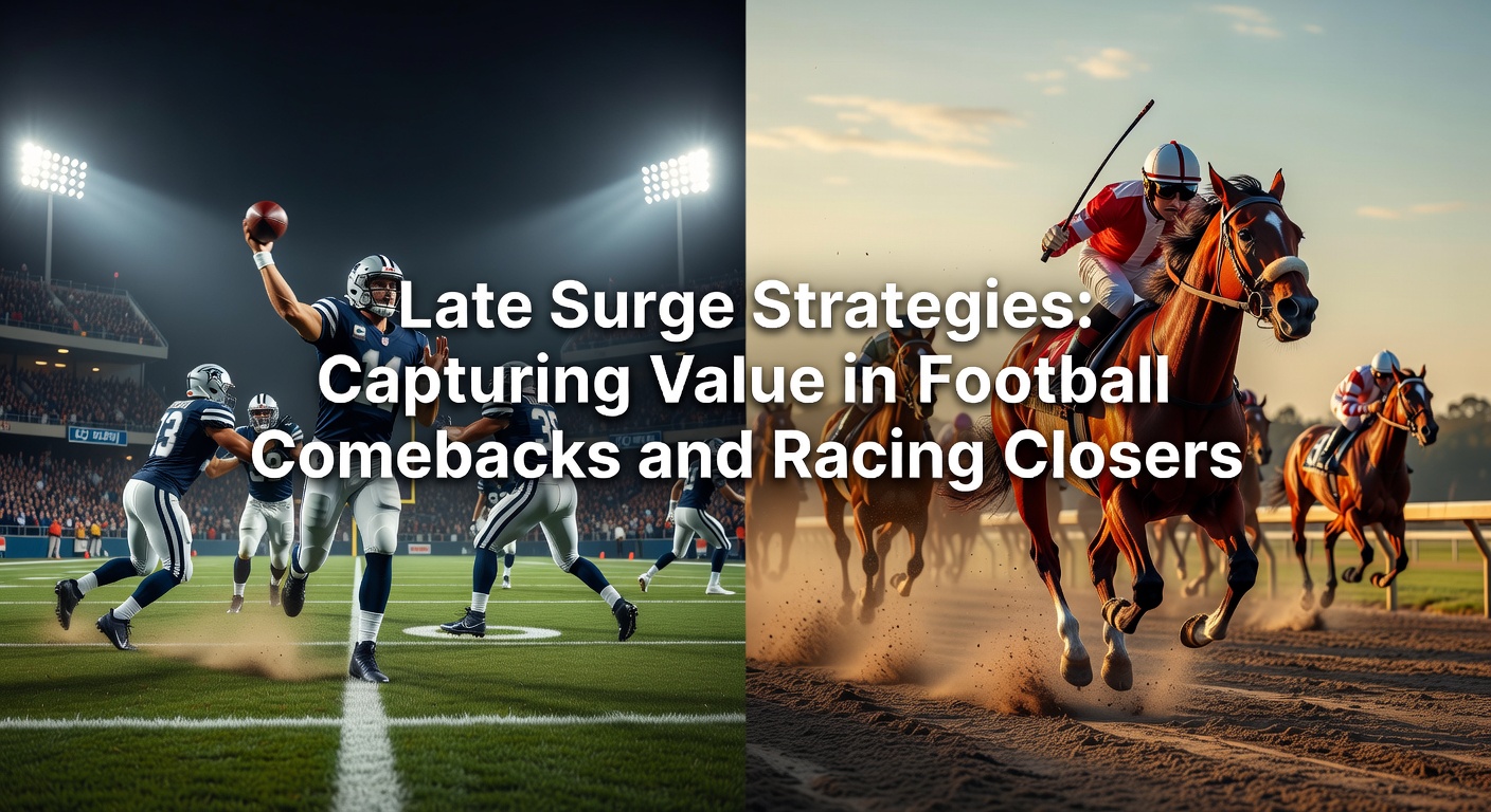 A horse surging late in a tight race, with a football stadium crowd in the blurred background symbolizing dramatic comebacks