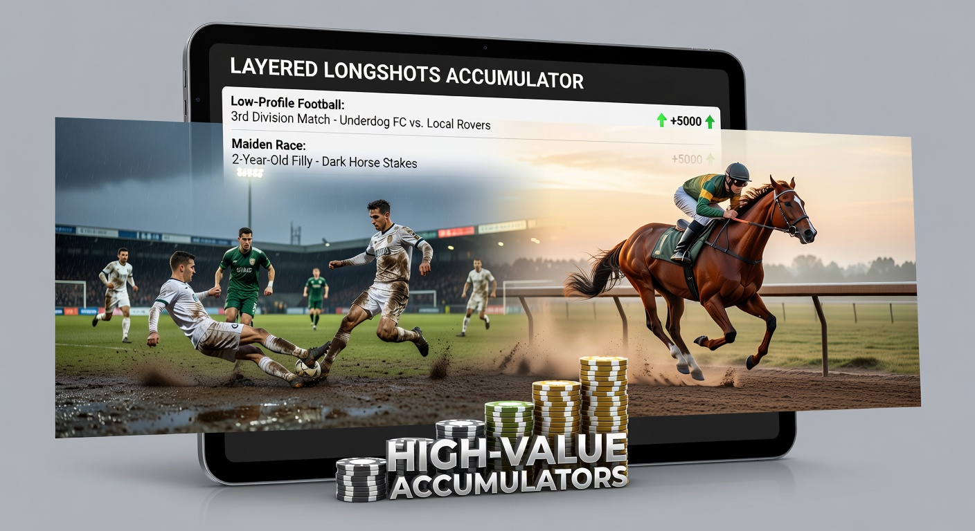 A layered accumulator bet slip highlighting low-profile football matches alongside maiden race selections, showing multiplied odds climbing toward high payouts