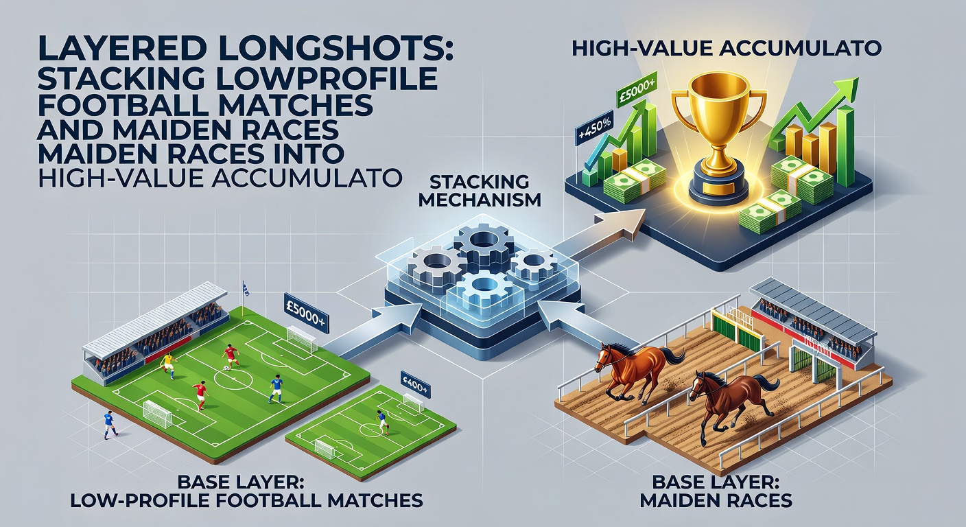 Visual breakdown of a successful layered accumulator, featuring a low-profile football scorecard merged with a maiden race photo-finish, odds multipliers illustrated
