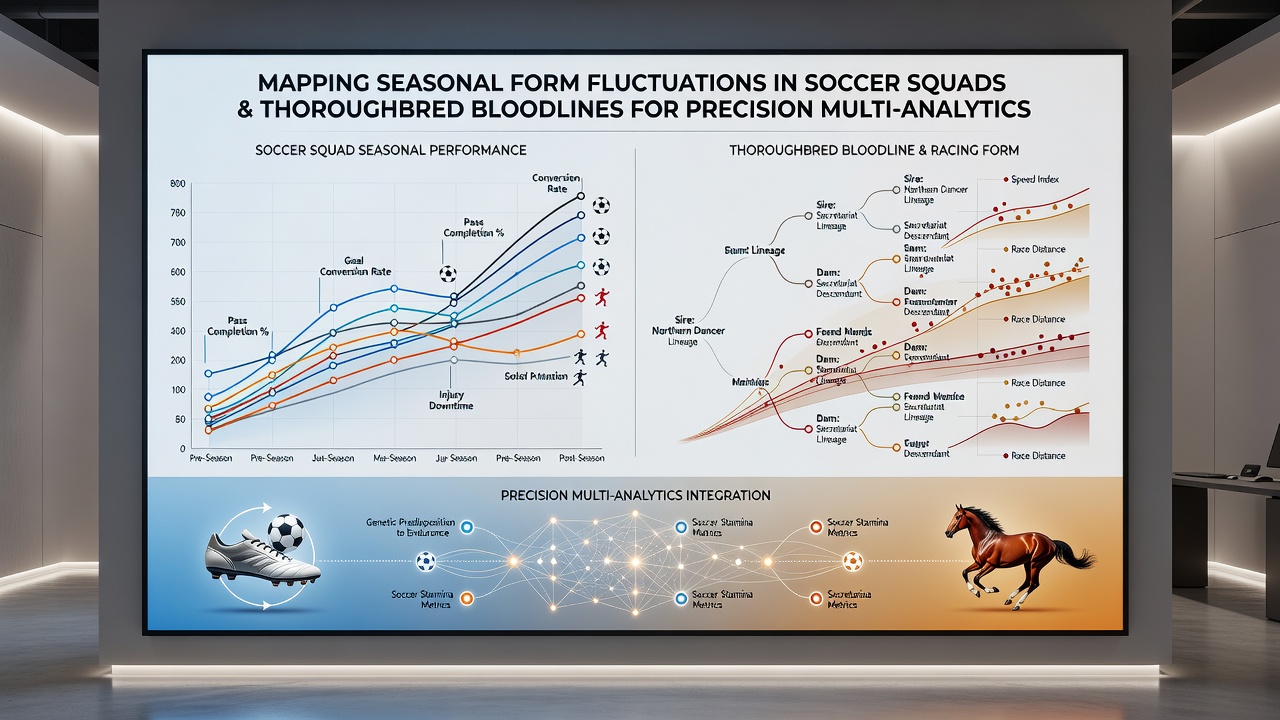 Infographic illustrating combined seasonal form data points from soccer squads and thoroughbred pedigrees