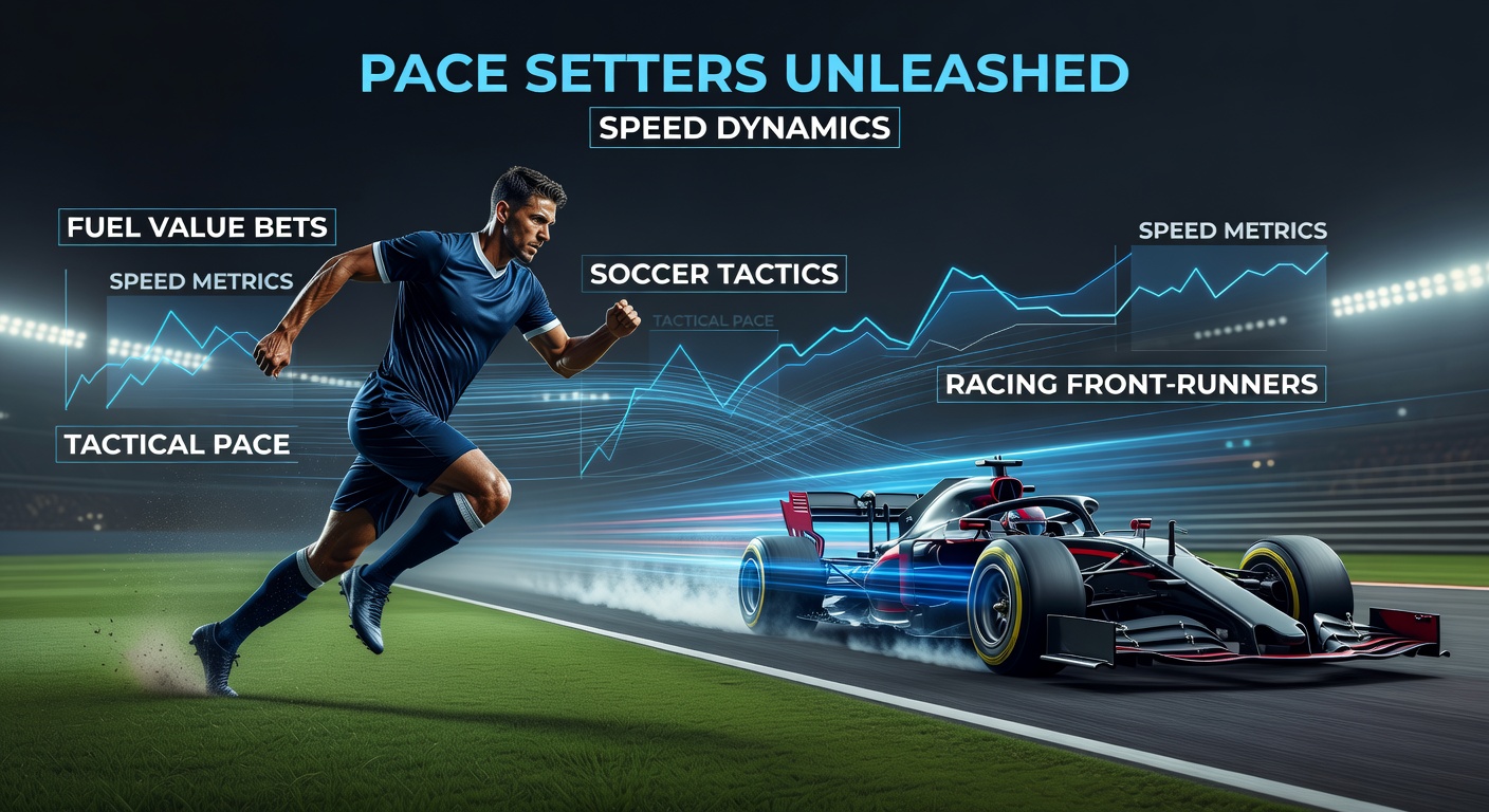A front-running horse surges ahead in a tight pack during a flat race, while soccer players press high in the opening minutes of a match