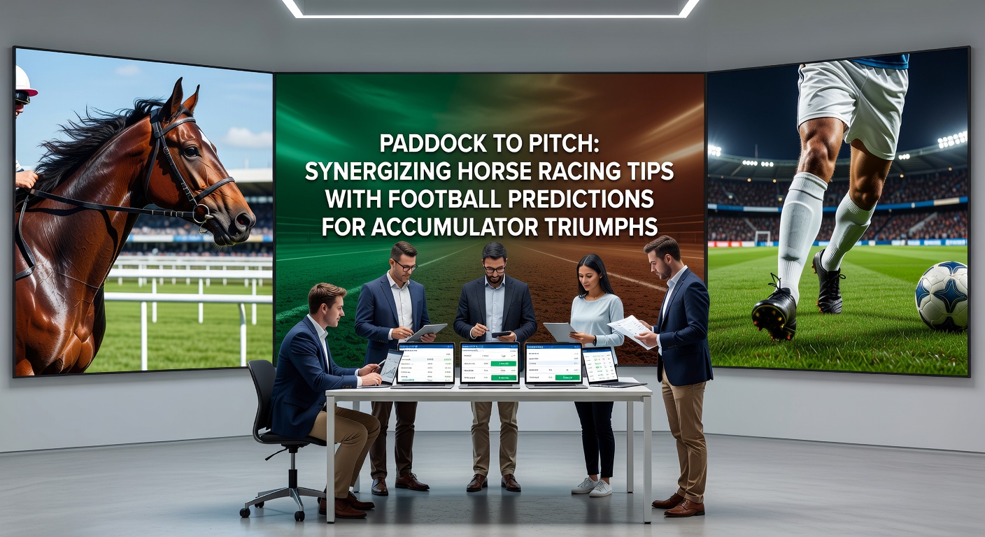 Vibrant scene blending a galloping racehorse in the paddock with a football soaring across a pitch, capturing the essence of combined betting strategies.