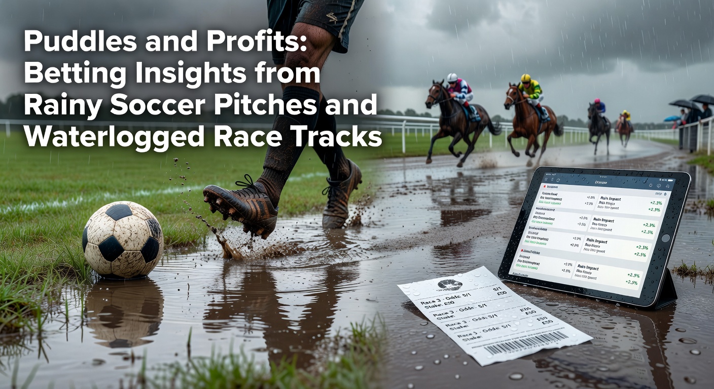 A soccer player navigating a waterlogged pitch during heavy rain, with puddles splashing underfoot as teammates chase the ball