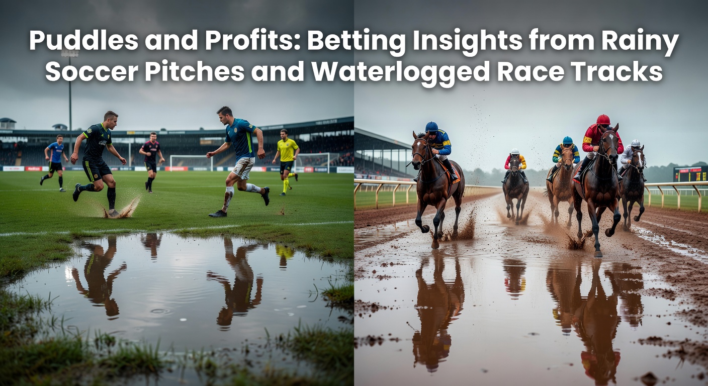 A horse racing through deep mud on a waterlogged track, kicking up splashes as jockey urges it forward amid pouring rain