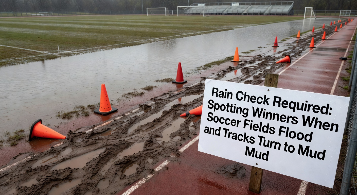 A flooded soccer pitch during heavy rain, with players navigating waterlogged grass under gray skies