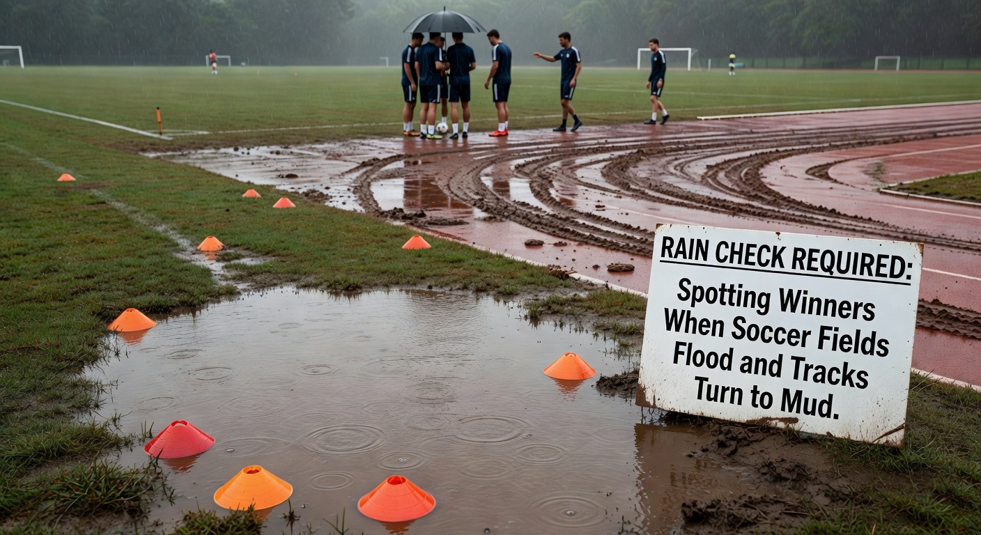 A horse racing track turned to thick mud during a storm, with jockeys urging mounts through deep puddles