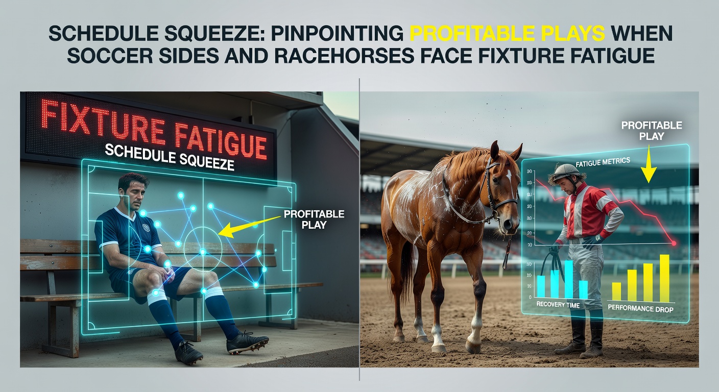 A packed soccer stadium under floodlights with a horse racing track in the background, symbolizing fixture congestion across sports