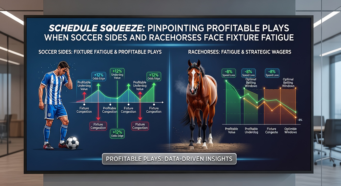 A weary soccer player on the pitch alongside a lathered racehorse crossing the finish line, illustrating fatigue in both sports