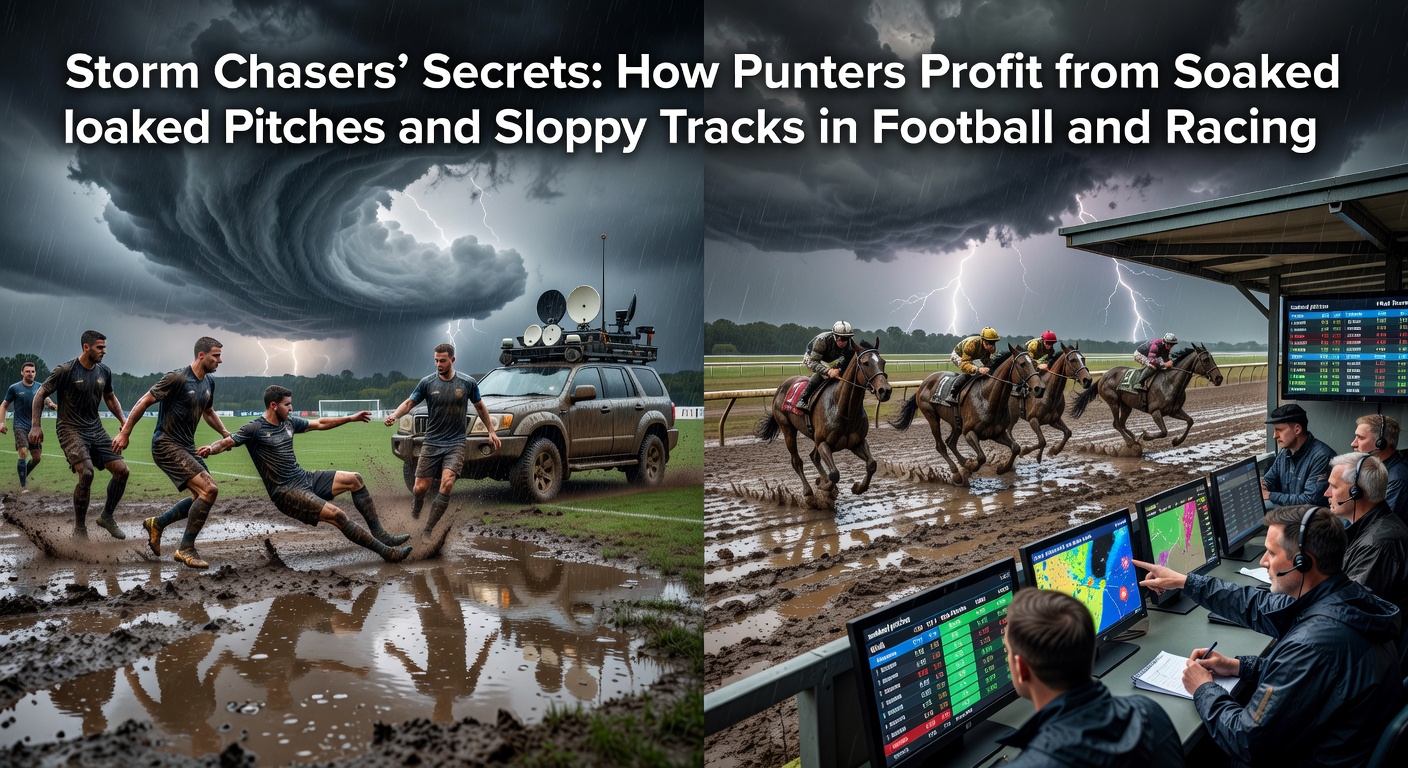Heavy rain turning a football pitch into a waterlogged battlefield while racehorses splash through mud on a sloppy track