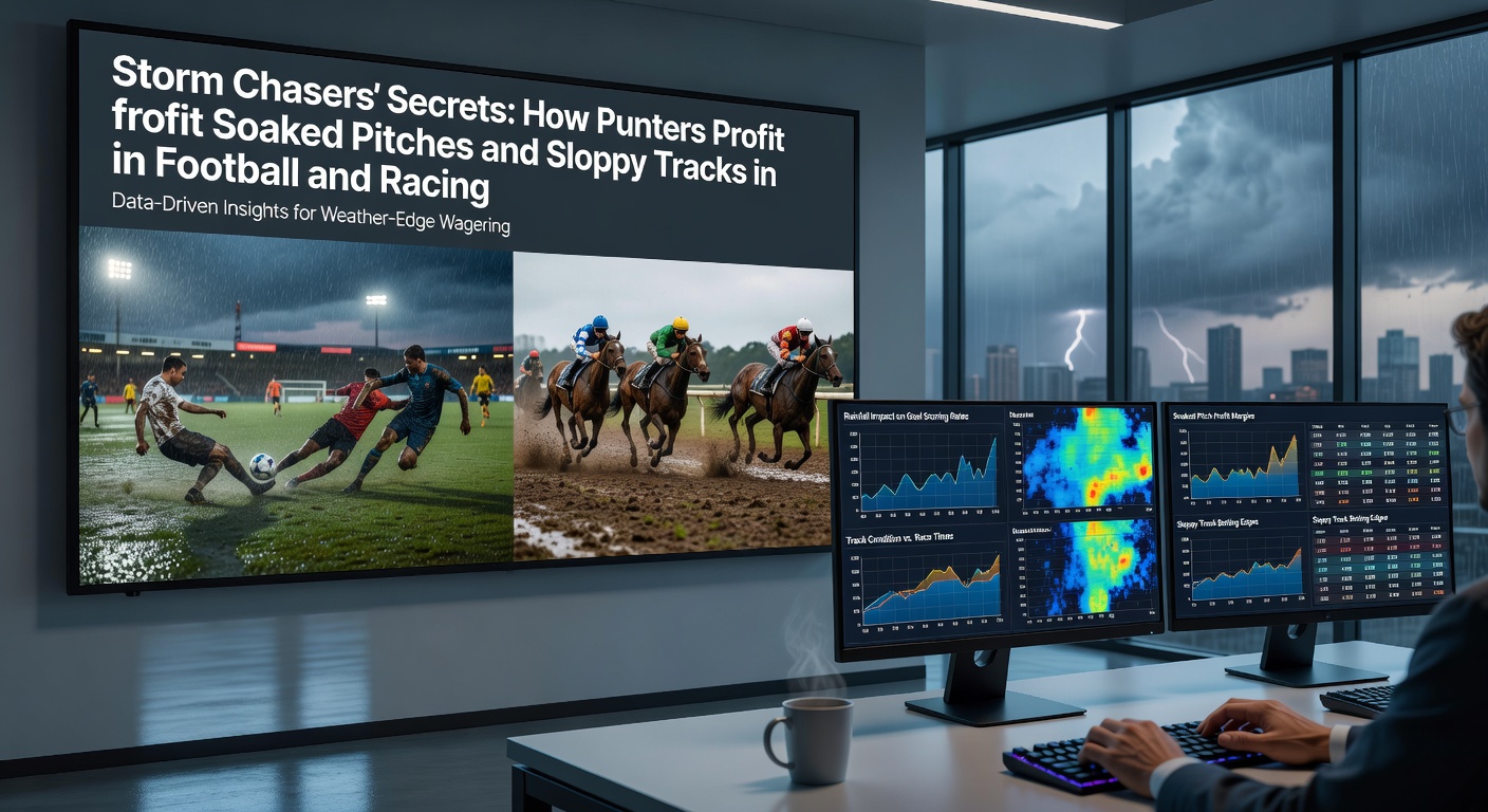 Punters analyzing racecards under stormy skies, highlighting horses suited to sloppy conditions alongside football previews
