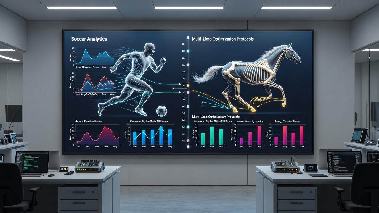 Side-by-side comparison charts of soccer player joint loading and horse stride symmetry metrics used in wager modeling