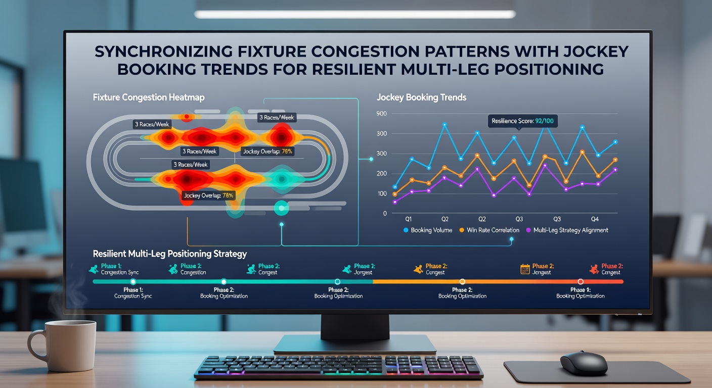 Analytical dashboard displaying synchronized timelines of congested football fixtures and jockey booking volumes