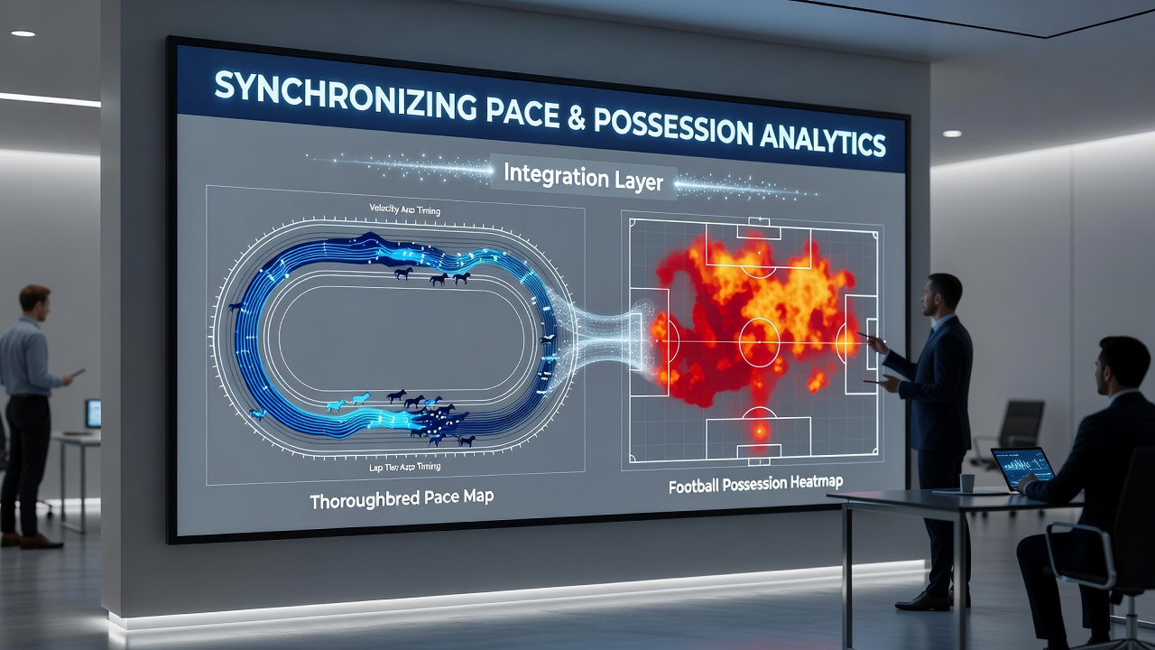 Example of synchronized data layers showing a thoroughbred pace profile aligned with football possession zones for multi-outcome model input