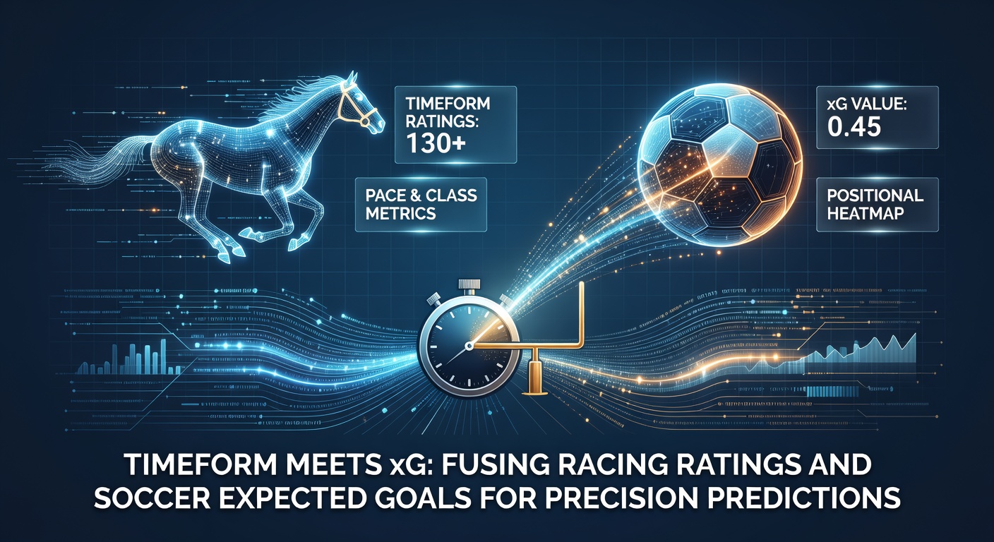 Graph overlaying Timeform speed ratings on a horse racing chart with xG probability curves from a soccer match, illustrating data fusion for betting predictions