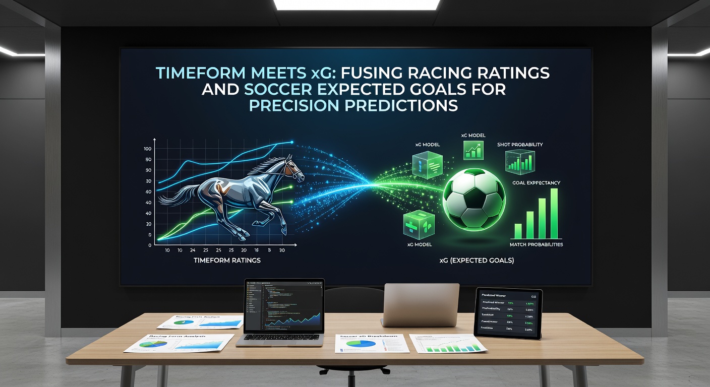 Split-screen visualization: Timeform rating ladder for horses beside an xG heatmap from a Premier League clash, with overlaid predictive algorithms highlighting convergence points
