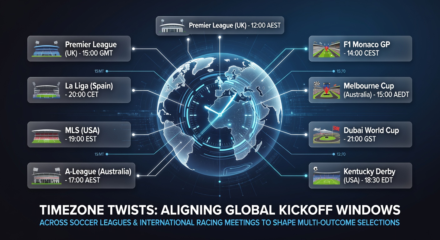Global soccer and racing events displayed across multiple time zones with synchronized schedules