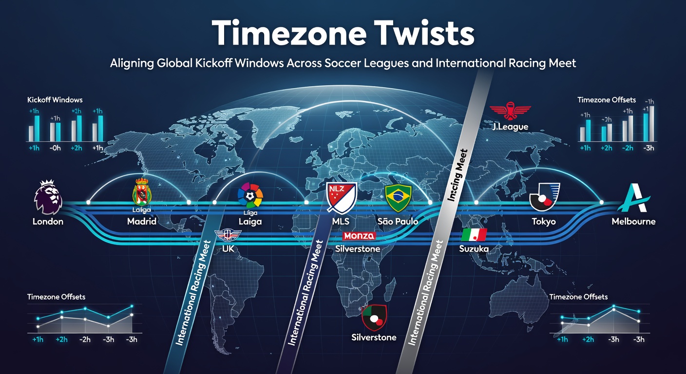 Detailed schedule grid showing overlapping soccer matches and horse racing events across time zones