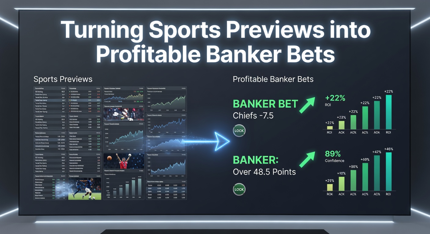 Analyst reviewing sports previews on a screen, highlighting potential banker bets with statistical overlays