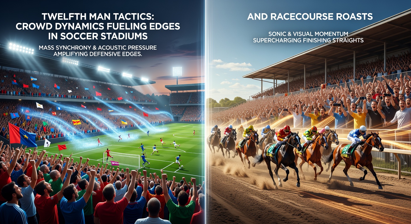 Boisterous racecourse crowd mid-roast, punters gesturing animatedly toward the track as horses thunder by in a high-stakes sprint