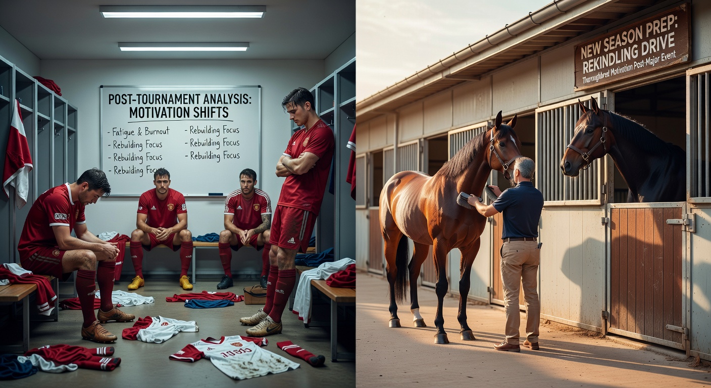 Football players and thoroughbred horses showing post-tournament recovery phases in training environments