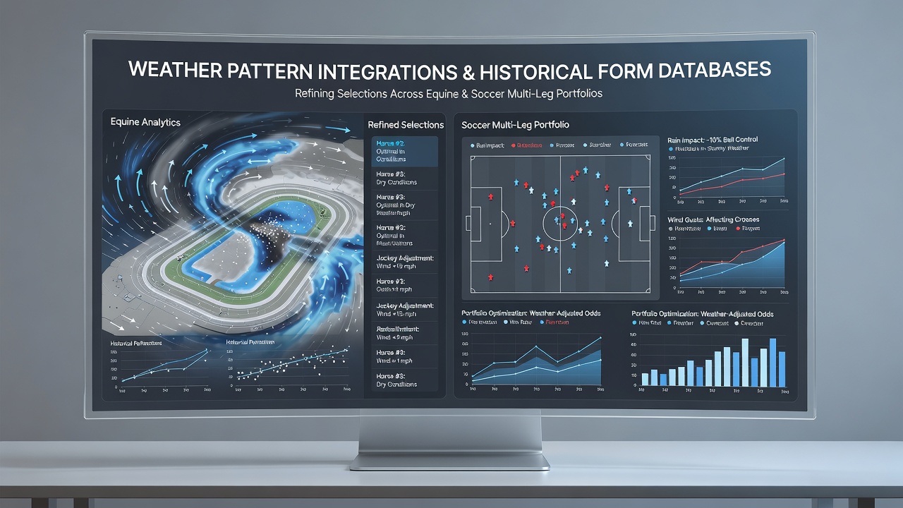Weather data overlays on historical racing and soccer form charts showing integrated selection models