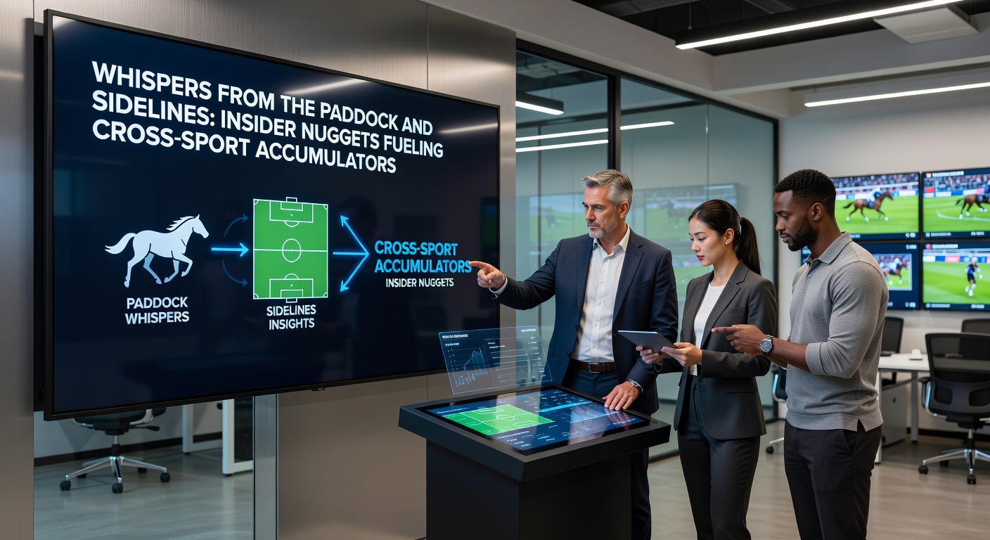 A close-up of a tense sideline huddle contrasts with paddock horses parading, highlighting the insider dynamics bettors leverage in accumulators